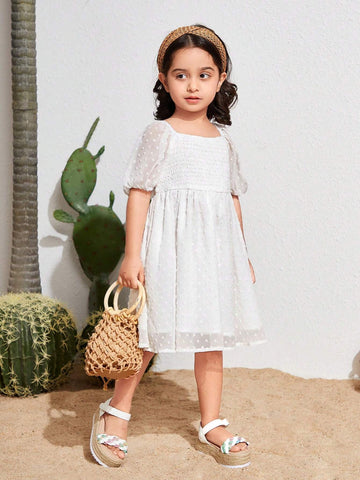 Young Girl's Woven Solid Colored Square Neckline Bubble Sleeve Casual Dress With Pleats