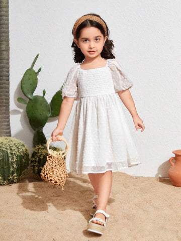 Young Girl's Woven Solid Colored Square Neckline Bubble Sleeve Casual Dress With Pleats