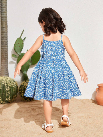 Young Girl's Woven Spliced Floral Casual Cami Dress