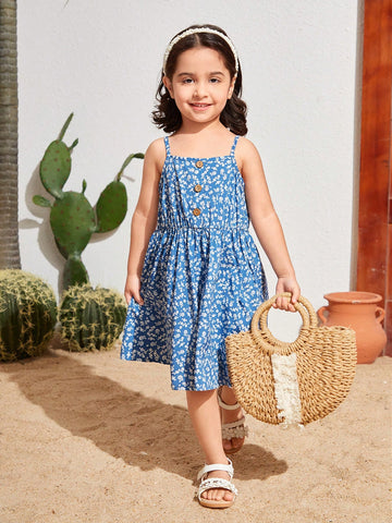 Young Girl's Woven Spliced Floral Casual Cami Dress