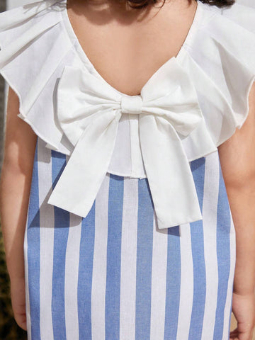 Young Girl's Woven Striped Ruffle Trimmed Round Neck Holiday Dress