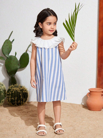 Young Girl's Woven Striped Ruffle Trimmed Round Neck Holiday Dress