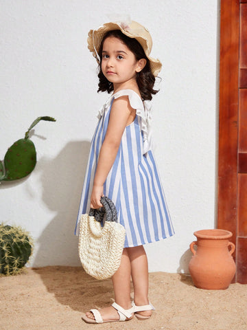 Young Girl's Woven Striped Ruffle Trimmed Round Neck Holiday Dress