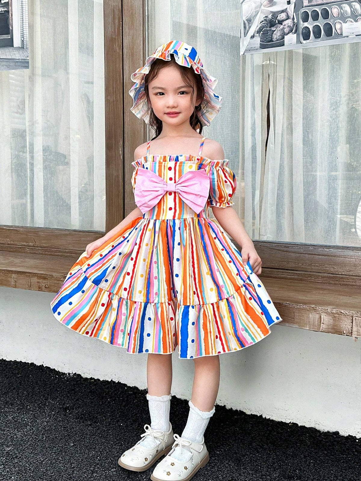 Young Girls' Woven Striped Square Neck Bow-Knot Strap One-Piece Dress