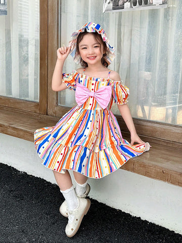 Young Girls' Woven Striped Square Neck Bow-Knot Strap One-Piece Dress