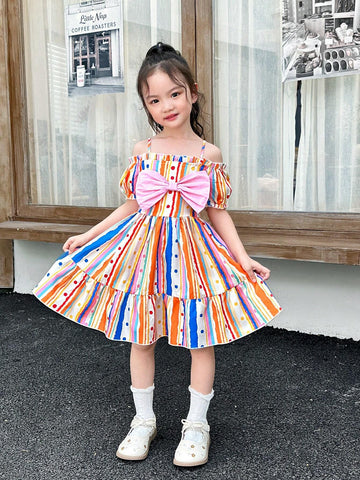 Young Girls' Woven Striped Square Neck Bow-Knot Strap One-Piece Dress