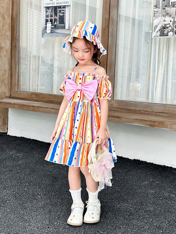 Young Girls' Woven Striped Square Neck Bow-Knot Strap One-Piece Dress