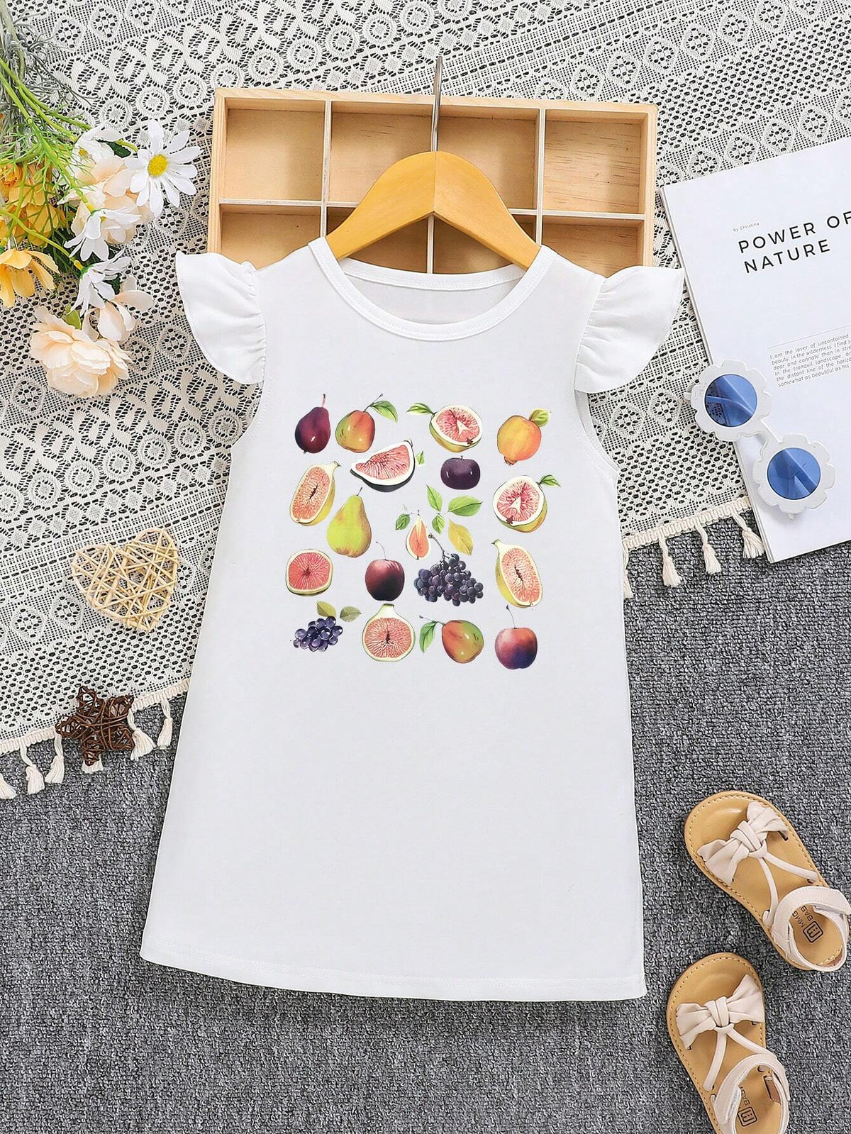 Young Girl's Y2K Fruit Printed Cap Sleeve Dress, Summer Street Style