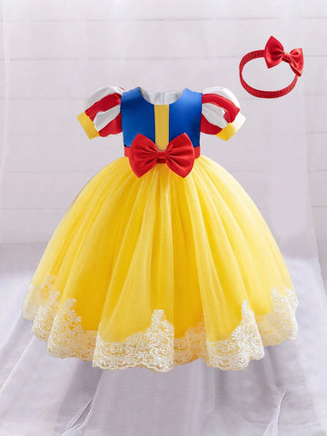 Young Girls' Yellow Tulle Glamorous Princess Dress With Hairband, Suitable For Costume Parties