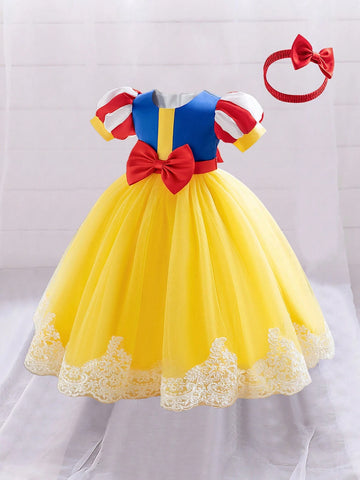 Young Girls' Yellow Tulle Glamorous Princess Dress With Hairband, Suitable For Costume Parties
