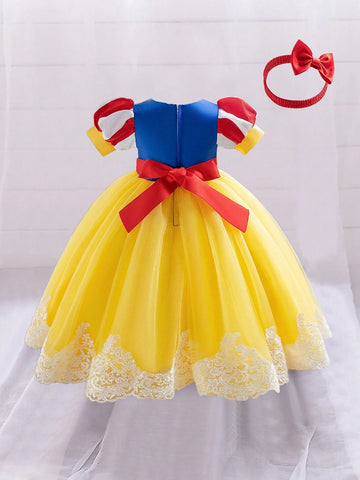 Young Girls' Yellow Tulle Glamorous Princess Dress With Hairband, Suitable For Costume Parties