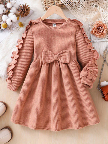 Young Girls & Toddler Girls Casual Ribbed Ruffle Bow Knitted Dress, Suitable For Everyday Wear