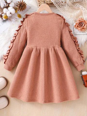 Young Girls & Toddler Girls Casual Ribbed Ruffle Bow Knitted Dress, Suitable For Everyday Wear