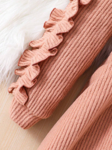 Young Girls & Toddler Girls Casual Ribbed Ruffle Bow Knitted Dress, Suitable For Everyday Wear