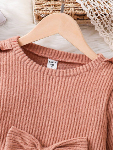 Young Girls & Toddler Girls Casual Ribbed Ruffle Bow Knitted Dress, Suitable For Everyday Wear