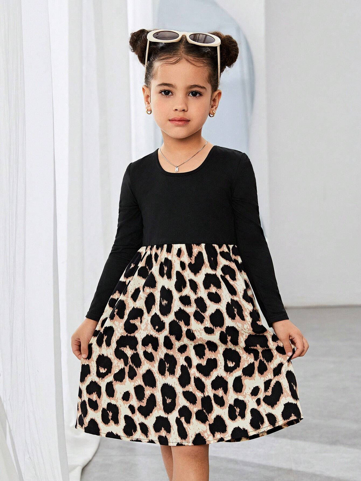 Young Girls & Toddler Girls U-Neck Leopard Print Patchwork Casual Dress, For Daily Wear