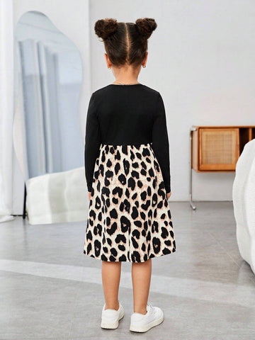 Young Girls & Toddler Girls U-Neck Leopard Print Patchwork Casual Dress, For Daily Wear