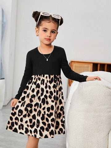 Young Girls & Toddler Girls U-Neck Leopard Print Patchwork Casual Dress, For Daily Wear