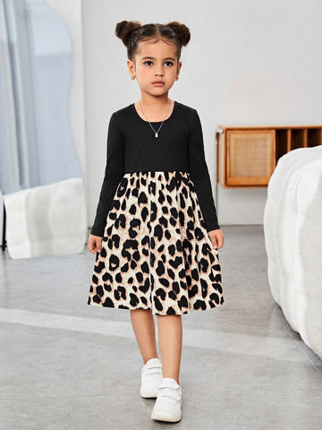 Young Girls & Toddler Girls U-Neck Leopard Print Patchwork Casual Dress, For Daily Wear