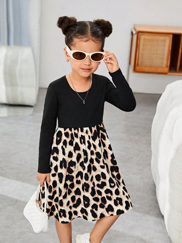 Young Girls & Toddler Girls U-Neck Leopard Print Patchwork Casual Dress, For Daily Wear