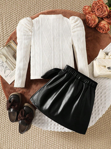 Young Girls & Toddlers Cable Knit Round Neck T-Shirt With PU Skirt Autumn/Winter Outfit, Suitable For Casual Daily Wear