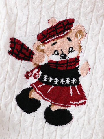 Young Girls & Toddlers Cute Christmas Bear Intarsia Turtleneck Sweater, Suitable For Casual Everyday Wear With Certain Warmth, Autumn