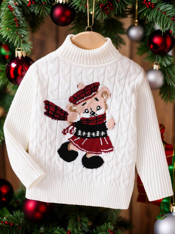Young Girls & Toddlers Cute Christmas Bear Intarsia Turtleneck Sweater, Suitable For Casual Everyday Wear With Certain Warmth, Autumn