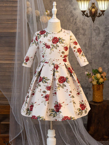 Young Girls & Young Girl Casual Matching Mother-Daughterl Rose Flower Print Mid-Long Sleeve Spring And Summer Party Business Dress Fall Wedding Guest Dress