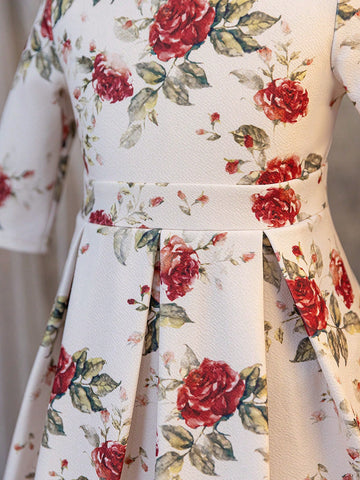 Young Girls & Young Girl Casual Matching Mother-Daughterl Rose Flower Print Mid-Long Sleeve Spring And Summer Party Business Dress Fall Wedding Guest Dress