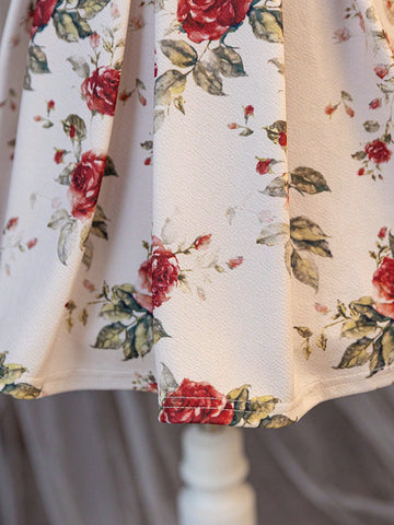 Young Girls & Young Girl Casual Matching Mother-Daughterl Rose Flower Print Mid-Long Sleeve Spring And Summer Party Business Dress Fall Wedding Guest Dress