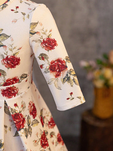 Young Girls & Young Girl Casual Matching Mother-Daughterl Rose Flower Print Mid-Long Sleeve Spring And Summer Party Business Dress Fall Wedding Guest Dress