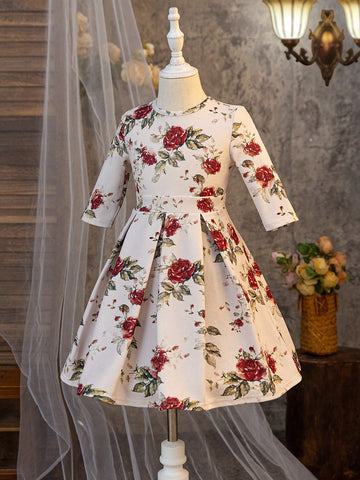 Young Girls & Young Girl Casual Matching Mother-Daughterl Rose Flower Print Mid-Long Sleeve Spring And Summer Party Business Dress Fall Wedding Guest Dress