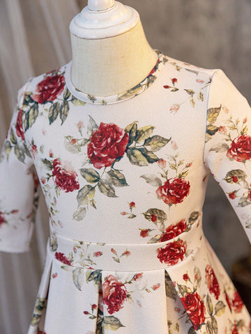 Young Girls & Young Girl Casual Matching Mother-Daughterl Rose Flower Print Mid-Long Sleeve Spring And Summer Party Business Dress Fall Wedding Guest Dress