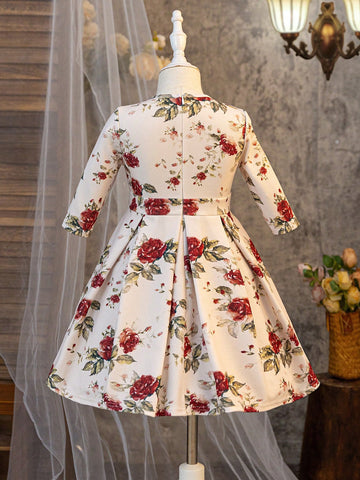 Young Girls & Young Girl Casual Matching Mother-Daughterl Rose Flower Print Mid-Long Sleeve Spring And Summer Party Business Dress Fall Wedding Guest Dress