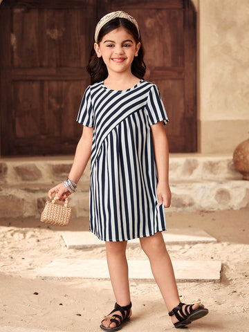 Young Girls & Young Girl Casual Matching Mother-Daughterl Round Neck Short Sleeve Striped Dress