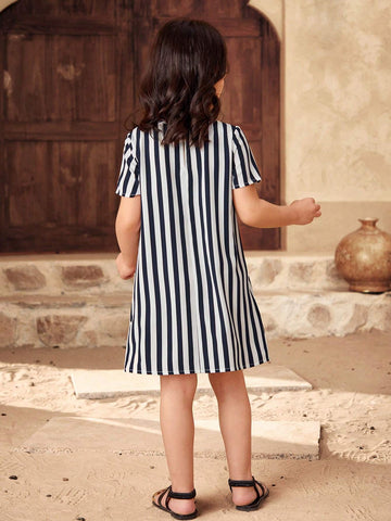 Young Girls & Young Girl Casual Matching Mother-Daughterl Round Neck Short Sleeve Striped Dress