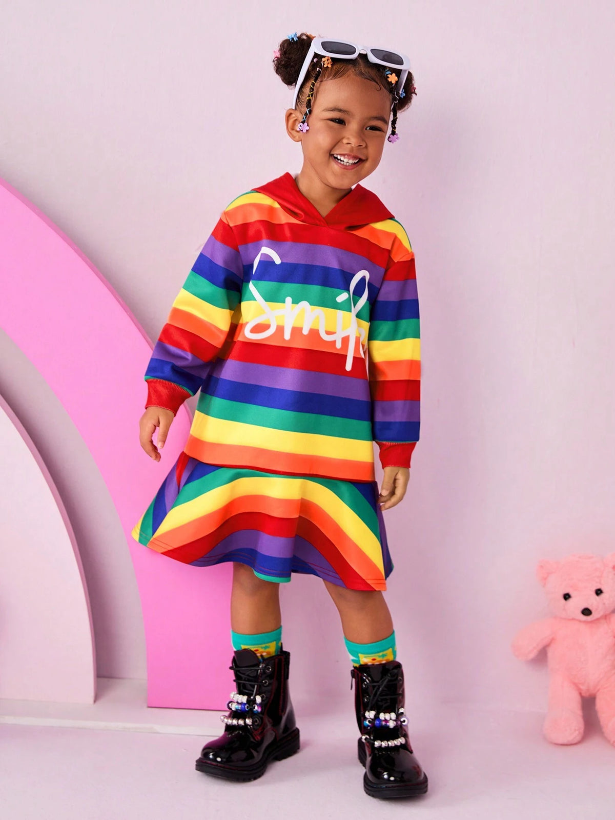 Young Girl's Colorful Striped Letter Embroidered Hooded Sweatshirt Dress,Suitable For Casual Everyday Wear