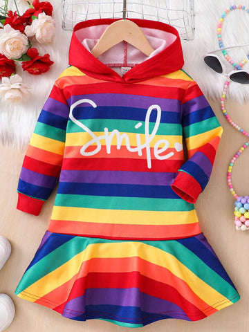 Young Girl's Colorful Striped Letter Embroidered Hooded Sweatshirt Dress,Suitable For Casual Everyday Wear