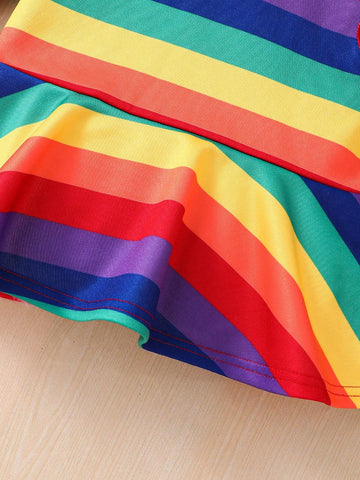 Young Girl's Colorful Striped Letter Embroidered Hooded Sweatshirt Dress,Suitable For Casual Everyday Wear