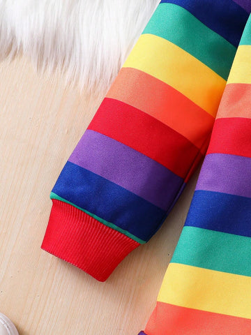 Young Girl's Colorful Striped Letter Embroidered Hooded Sweatshirt Dress,Suitable For Casual Everyday Wear