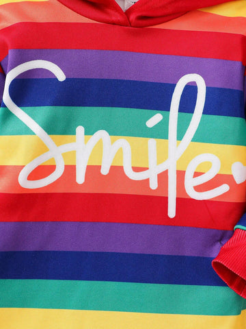 Young Girl's Colorful Striped Letter Embroidered Hooded Sweatshirt Dress,Suitable For Casual Everyday Wear