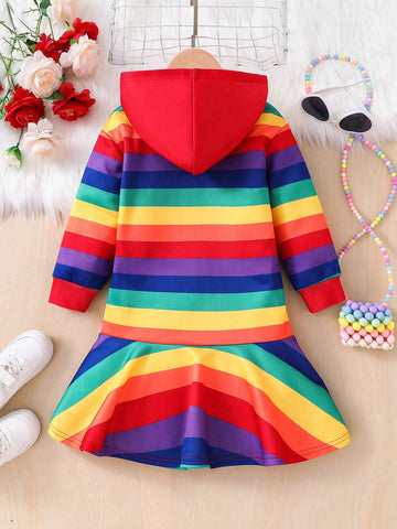 Young Girl's Colorful Striped Letter Embroidered Hooded Sweatshirt Dress,Suitable For Casual Everyday Wear