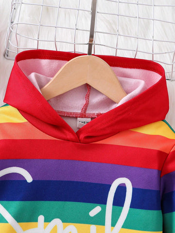 Young Girl's Colorful Striped Letter Embroidered Hooded Sweatshirt Dress,Suitable For Casual Everyday Wear