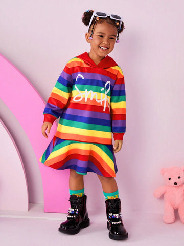 Young Girl's Colorful Striped Letter Embroidered Hooded Sweatshirt Dress,Suitable For Casual Everyday Wear
