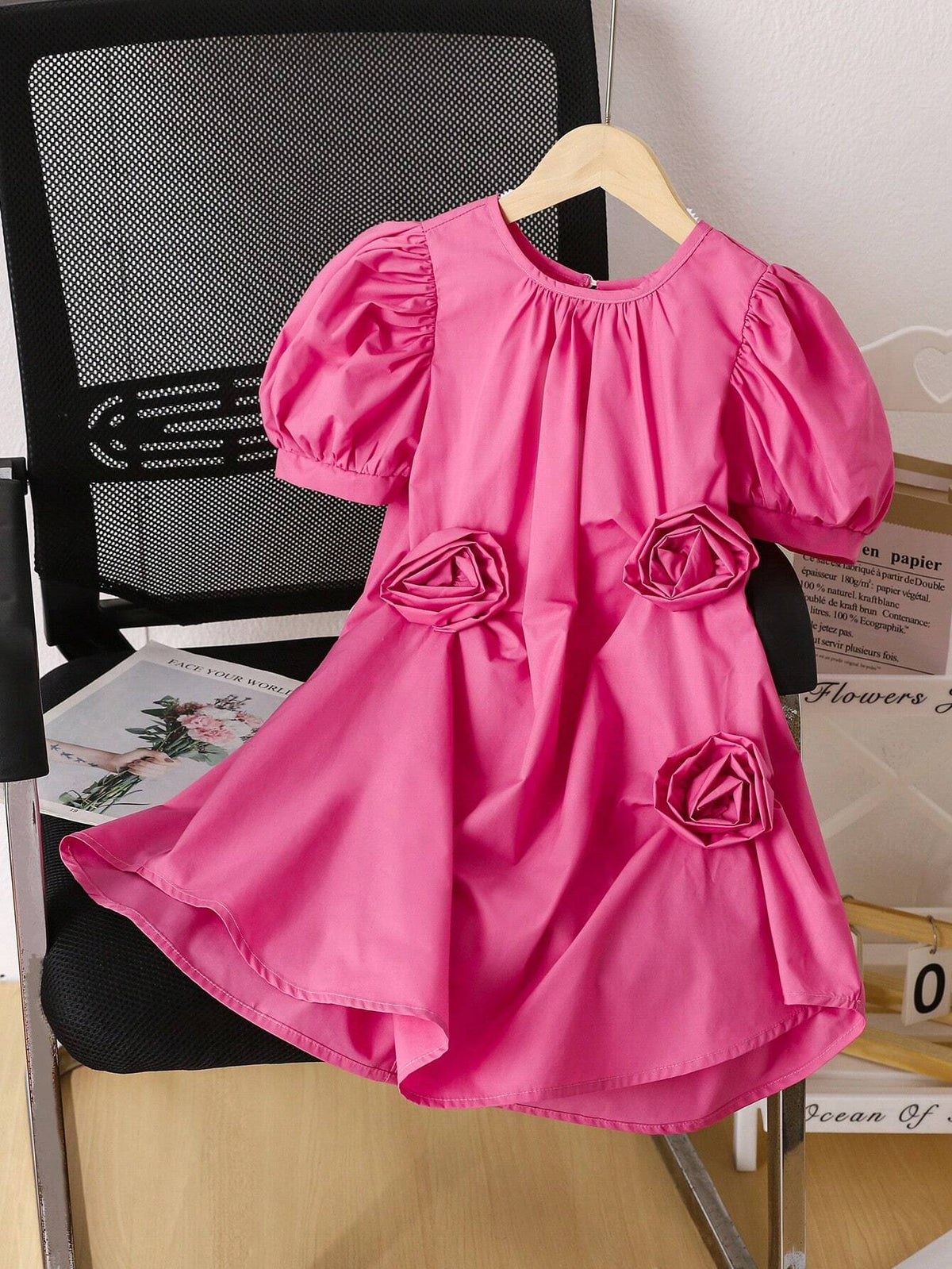 Young Woman's Commute Elegant Casual Korean Style Princess Dress With 3D Flower Embellishment