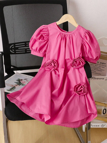 Young Woman's Commute Elegant Casual Korean Style Princess Dress With 3D Flower Embellishment