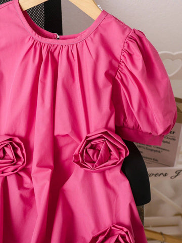 Young Woman's Commute Elegant Casual Korean Style Princess Dress With 3D Flower Embellishment