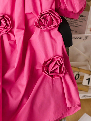 Young Woman's Commute Elegant Casual Korean Style Princess Dress With 3D Flower Embellishment