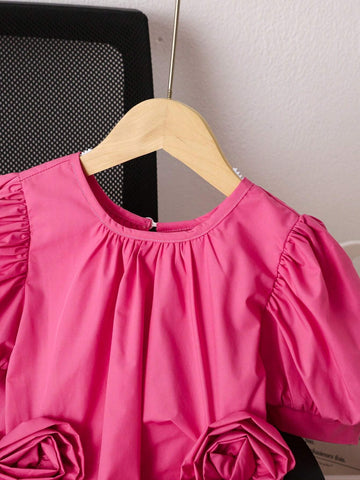 Young Woman's Commute Elegant Casual Korean Style Princess Dress With 3D Flower Embellishment