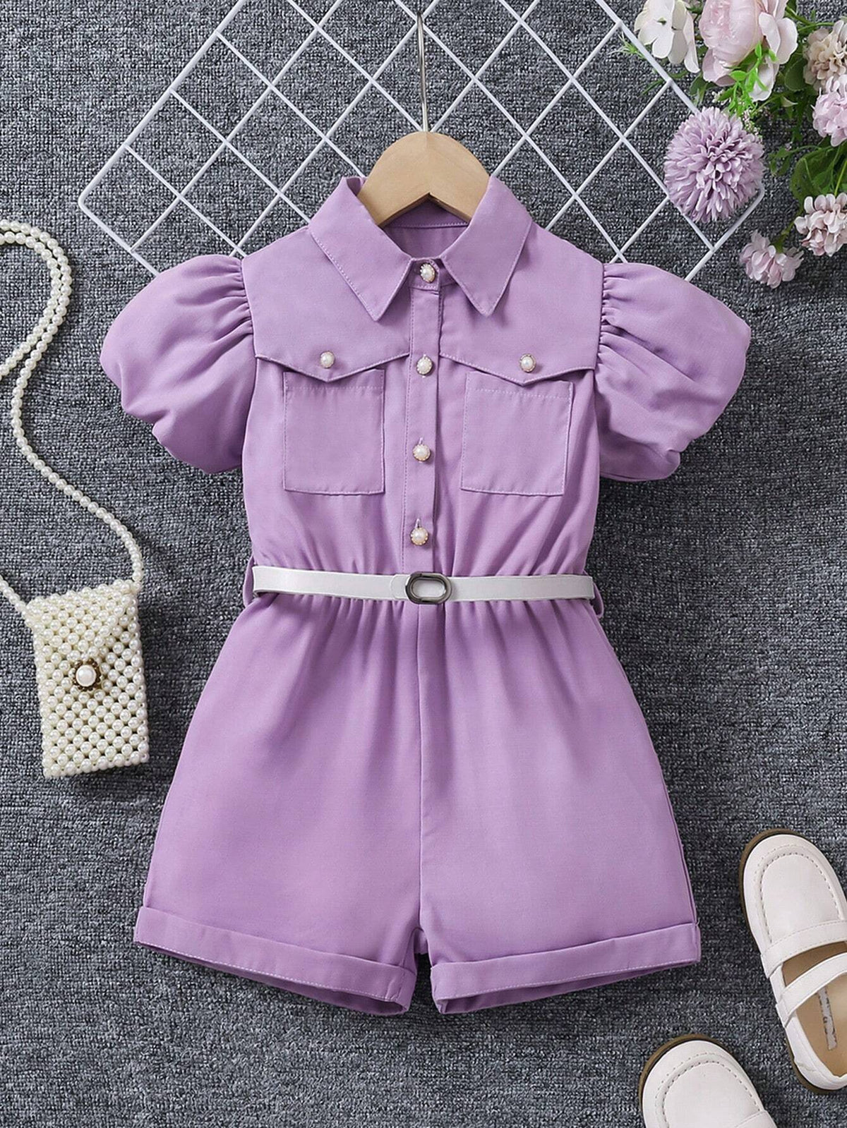 Young Women Elegant Commuting Noble Lady Bubble Striped Blouse Collar With Belted Shorts Romper